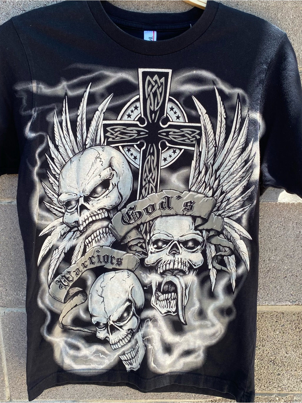 Y2k Streetwear Gods Skull Cross Graphic TShirt Black Small Gods Warriors Wings